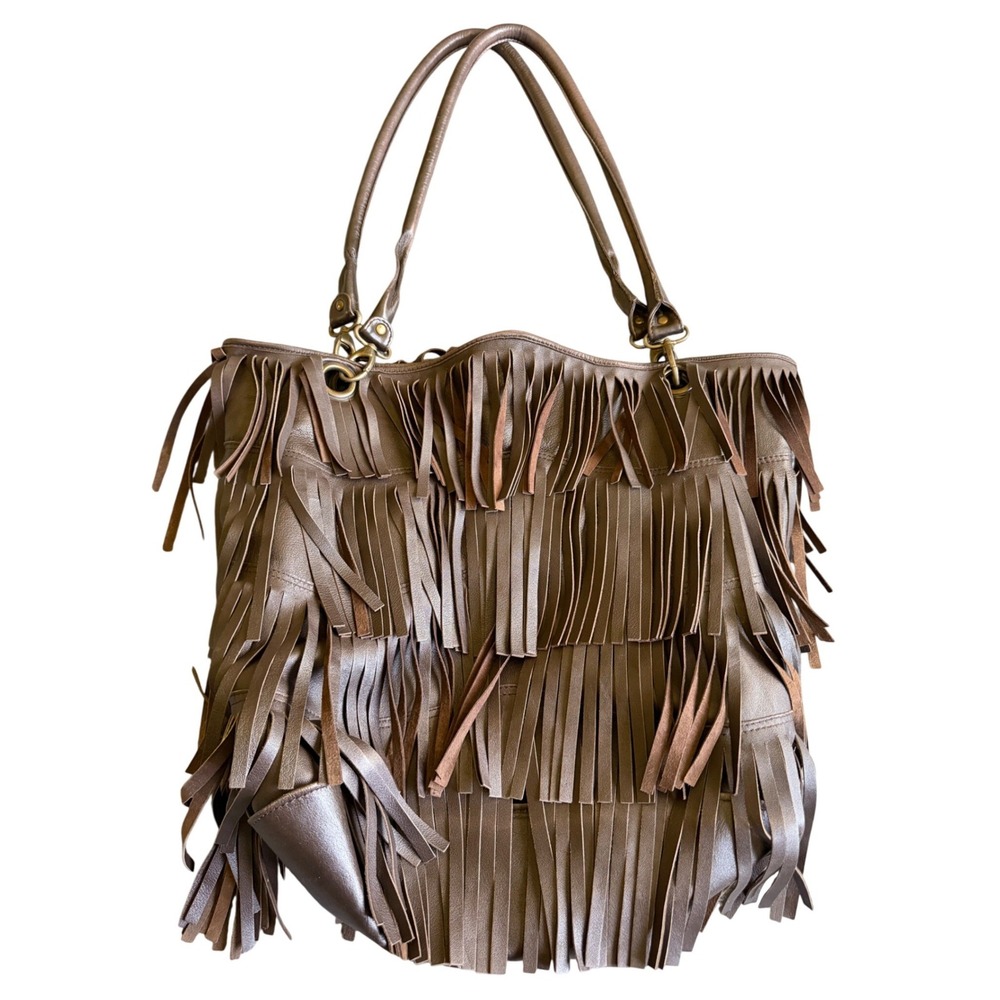 Raj- Antropologie Brown Genuine Leather Fringe Large Tote Western Hobo Bag‎